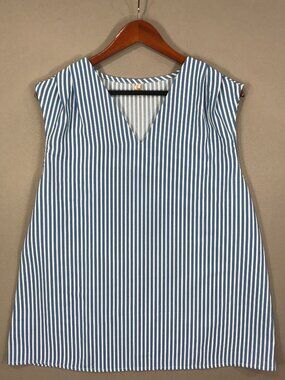 EVALESS Top Women's XL Blue White Striped Popover Blouse V-Neck Sleeveless Beach